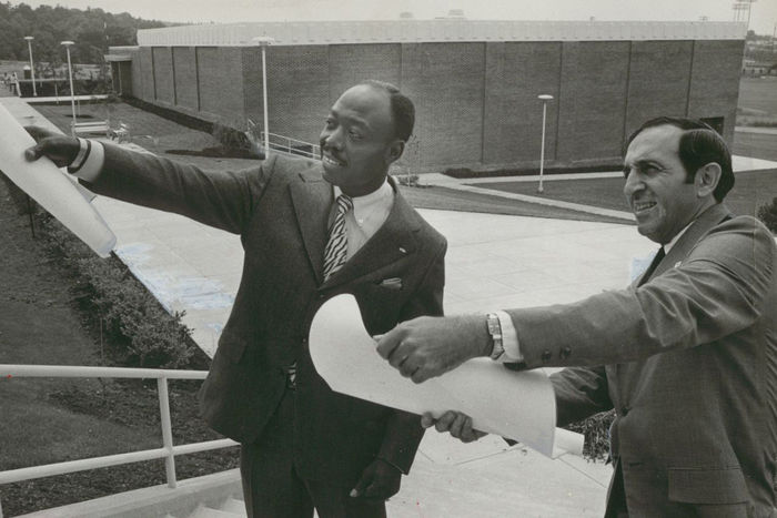 Edward M. Elias and Vonnie Grimes planning the new library